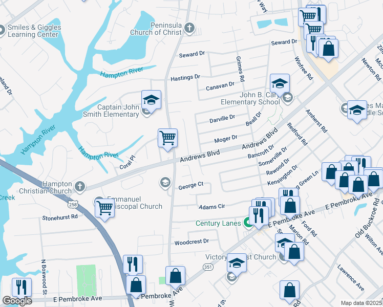 map of restaurants, bars, coffee shops, grocery stores, and more near 1200 Hale Drive in Hampton