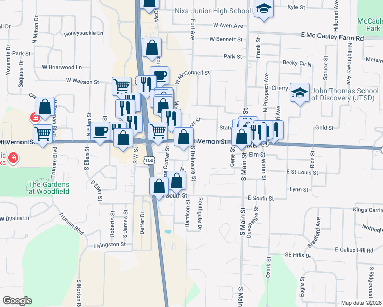 map of restaurants, bars, coffee shops, grocery stores, and more near 204 South Delaware Street in Nixa