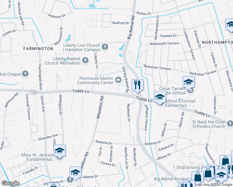 map of restaurants, bars, coffee shops, grocery stores, and more near 1217 Todds Lane in Hampton