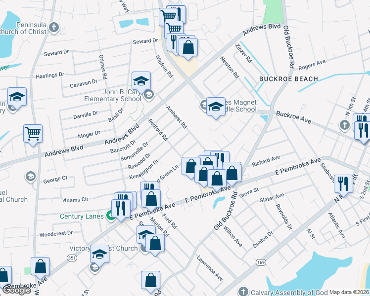 map of restaurants, bars, coffee shops, grocery stores, and more near 708 Redford Road in Hampton