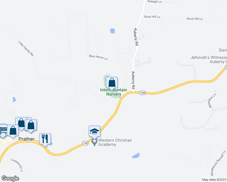 map of restaurants, bars, coffee shops, grocery stores, and more near 30443 Auberry Road in Prather