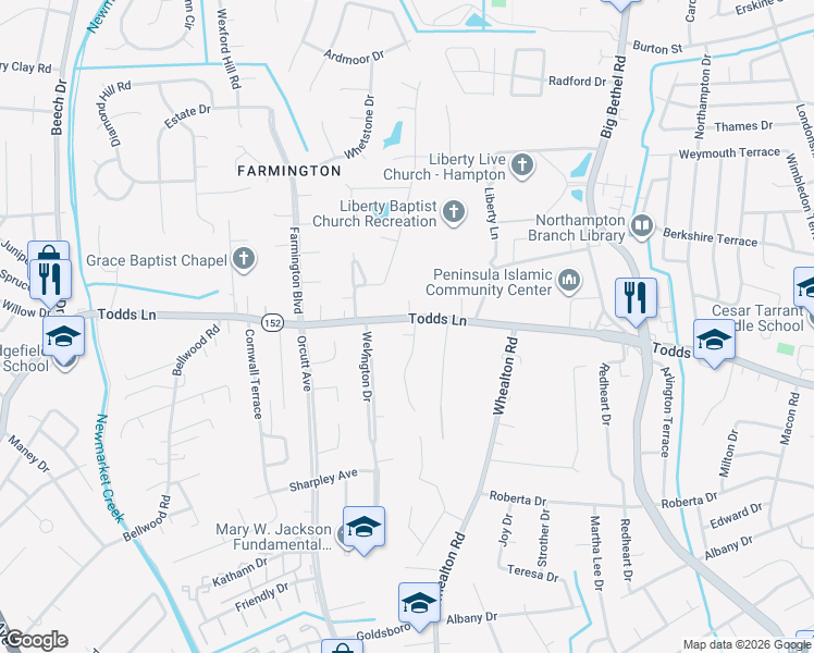 map of restaurants, bars, coffee shops, grocery stores, and more near 5 Lundy Lane in Hampton