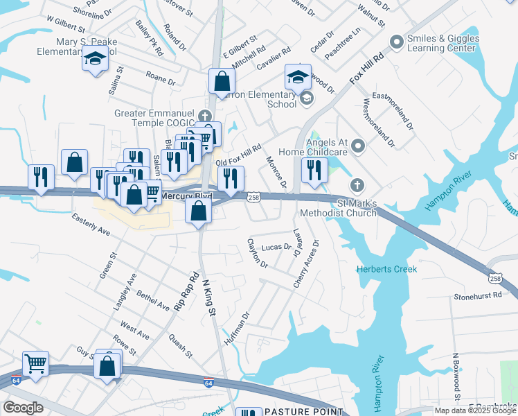 map of restaurants, bars, coffee shops, grocery stores, and more near 7 Knox Place in Hampton