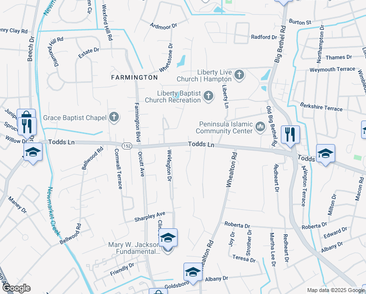 map of restaurants, bars, coffee shops, grocery stores, and more near 4 Bobs Court in Hampton