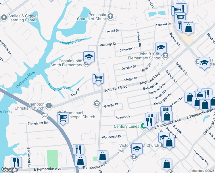 map of restaurants, bars, coffee shops, grocery stores, and more near 1203 Hale Drive in Hampton