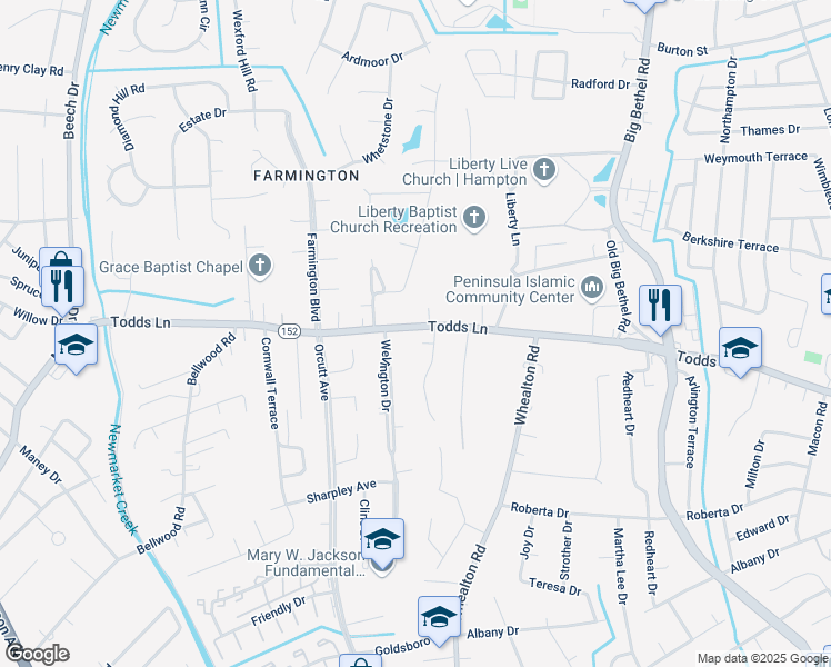map of restaurants, bars, coffee shops, grocery stores, and more near 5 Lundy Lane in Hampton