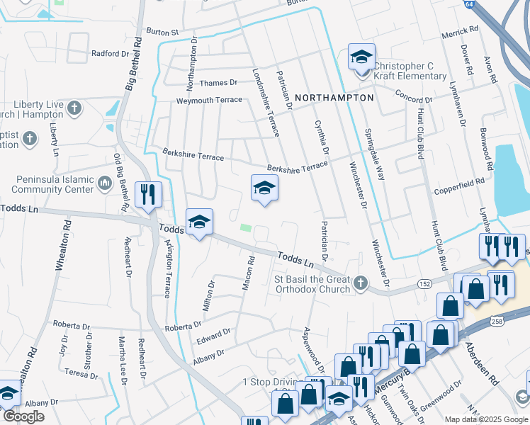 map of restaurants, bars, coffee shops, grocery stores, and more near 1435 Todds Lane in Hampton