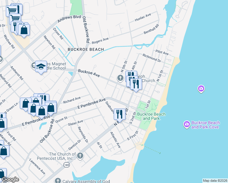 map of restaurants, bars, coffee shops, grocery stores, and more near 131 South 5th Street in Hampton