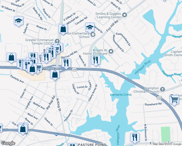 map of restaurants, bars, coffee shops, grocery stores, and more near 10 Laurel Drive in Hampton