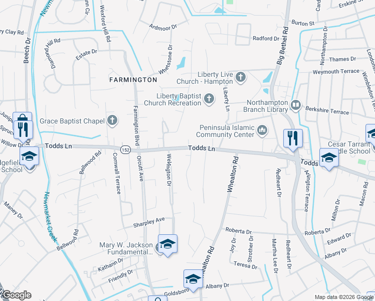 map of restaurants, bars, coffee shops, grocery stores, and more near 5 Lundy Lane in Hampton