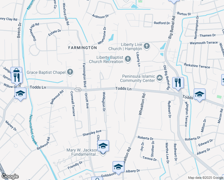 map of restaurants, bars, coffee shops, grocery stores, and more near 5 Lundy Lane in Hampton