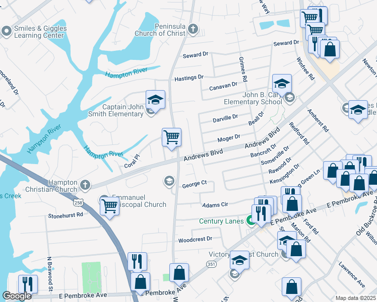 map of restaurants, bars, coffee shops, grocery stores, and more near 1203 Hale Drive in Hampton