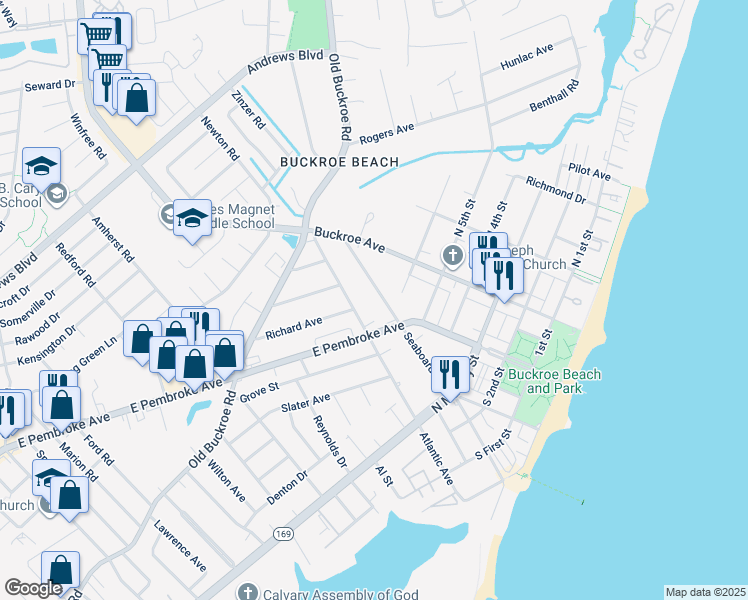 map of restaurants, bars, coffee shops, grocery stores, and more near 461 Seaboard Avenue in Hampton