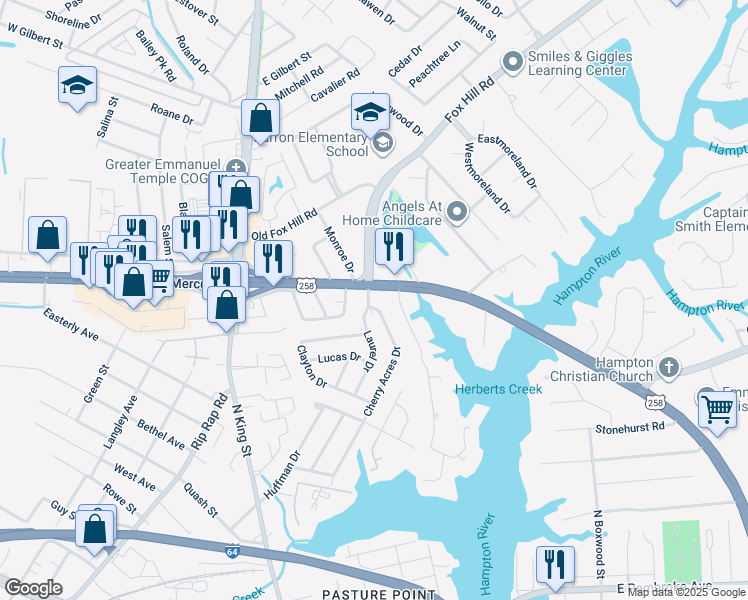 map of restaurants, bars, coffee shops, grocery stores, and more near 10 Laurel Drive in Hampton