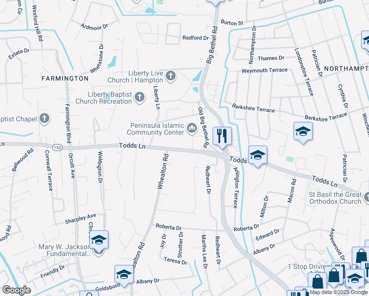 map of restaurants, bars, coffee shops, grocery stores, and more near 1211 Todds Lane in Hampton
