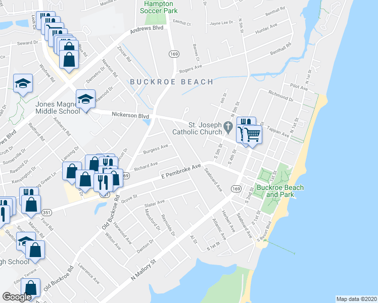 map of restaurants, bars, coffee shops, grocery stores, and more near 461 Seaboard Avenue in Hampton