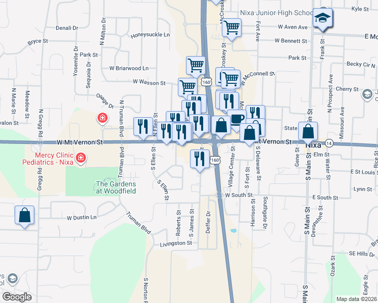 map of restaurants, bars, coffee shops, grocery stores, and more near 202 West Street in Nixa
