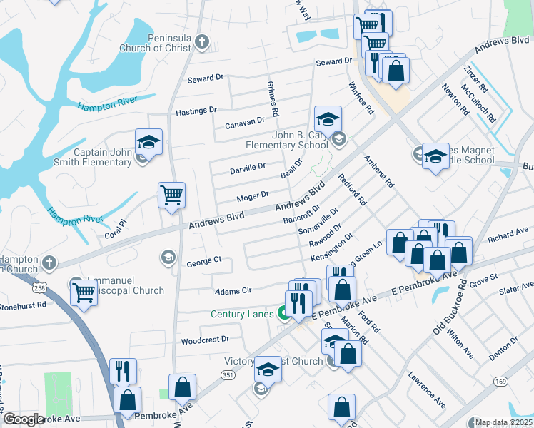 map of restaurants, bars, coffee shops, grocery stores, and more near 1828 Andrews Boulevard in Hampton
