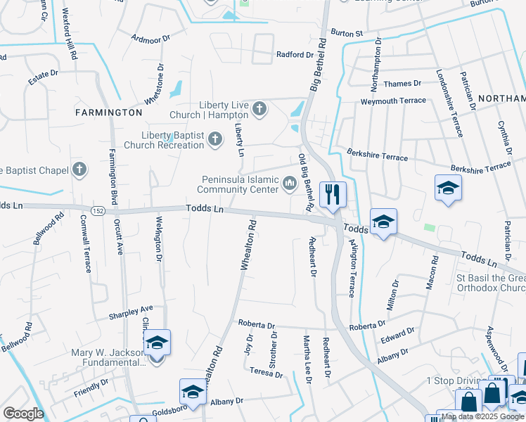 map of restaurants, bars, coffee shops, grocery stores, and more near 1203 Todds Ln in Hampton