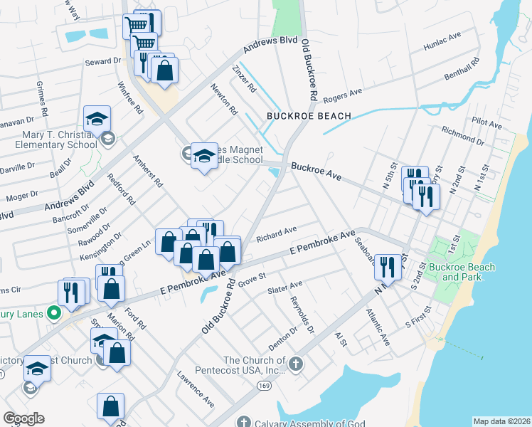 map of restaurants, bars, coffee shops, grocery stores, and more near 725 Burgess Avenue in Hampton
