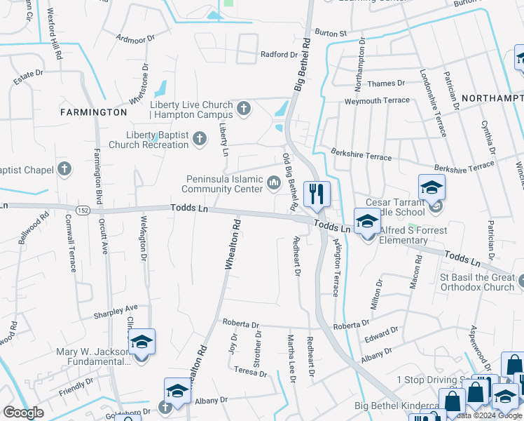 map of restaurants, bars, coffee shops, grocery stores, and more near 1211 Todds Lane in Hampton