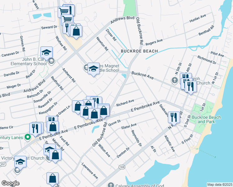 map of restaurants, bars, coffee shops, grocery stores, and more near 1543 Old Buckroe Road in Hampton