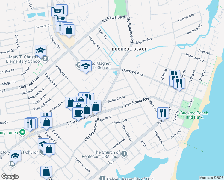 map of restaurants, bars, coffee shops, grocery stores, and more near 725 Burgess Avenue in Hampton
