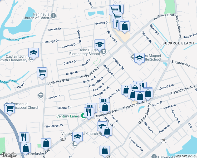 map of restaurants, bars, coffee shops, grocery stores, and more near 1921 Rawood Drive in Hampton