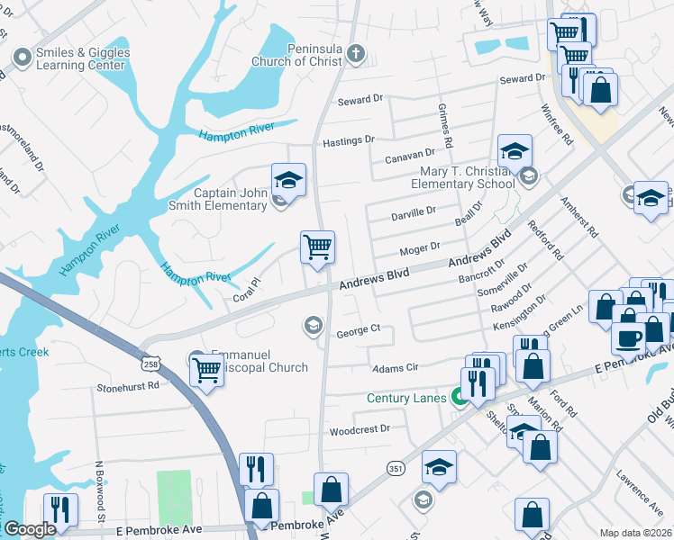 map of restaurants, bars, coffee shops, grocery stores, and more near 344 Woodland Road in Hampton