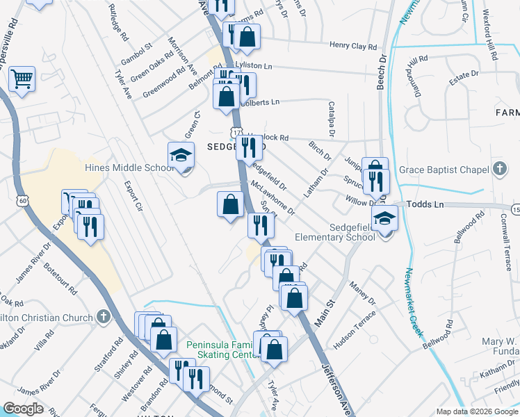 map of restaurants, bars, coffee shops, grocery stores, and more near 628 Sun Court in Newport News