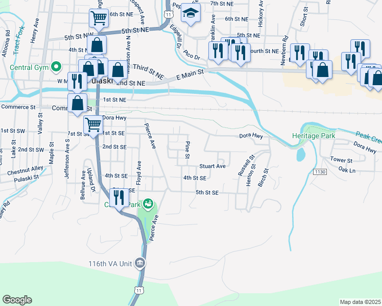 map of restaurants, bars, coffee shops, grocery stores, and more near 203 Pine Street in Pulaski
