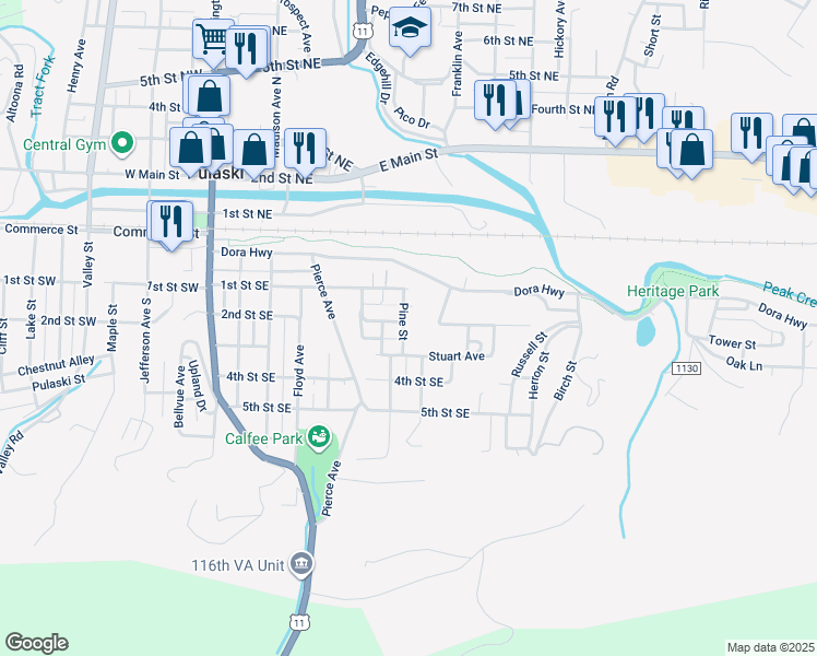 map of restaurants, bars, coffee shops, grocery stores, and more near 203 Pine Street in Pulaski