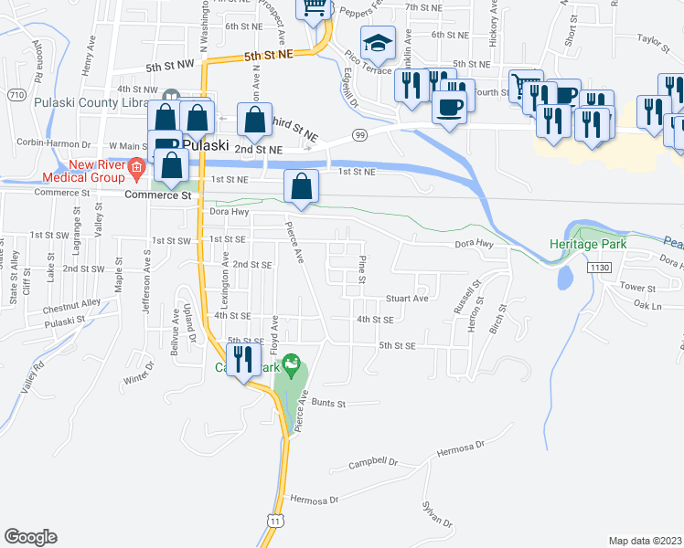 map of restaurants, bars, coffee shops, grocery stores, and more near 220 Stuart Lane in Pulaski