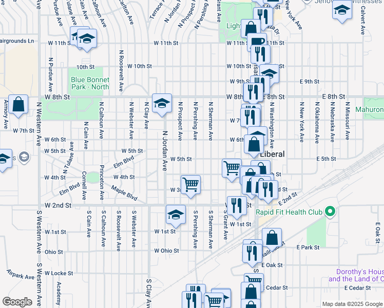 map of restaurants, bars, coffee shops, grocery stores, and more near 430 North Pershing Avenue in Liberal