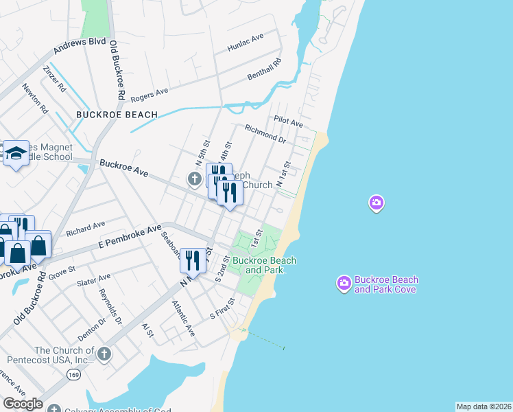 map of restaurants, bars, coffee shops, grocery stores, and more near 112 Buckroe Avenue in Hampton