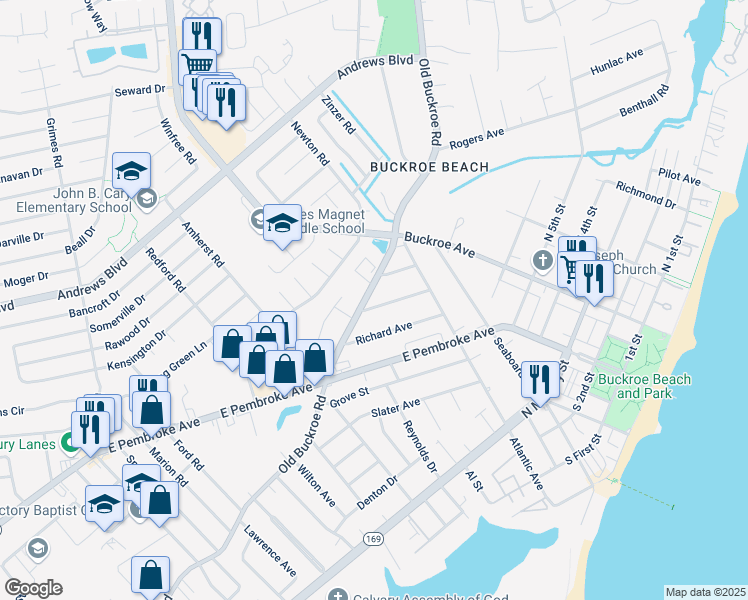 map of restaurants, bars, coffee shops, grocery stores, and more near 725 Burgess Avenue in Hampton