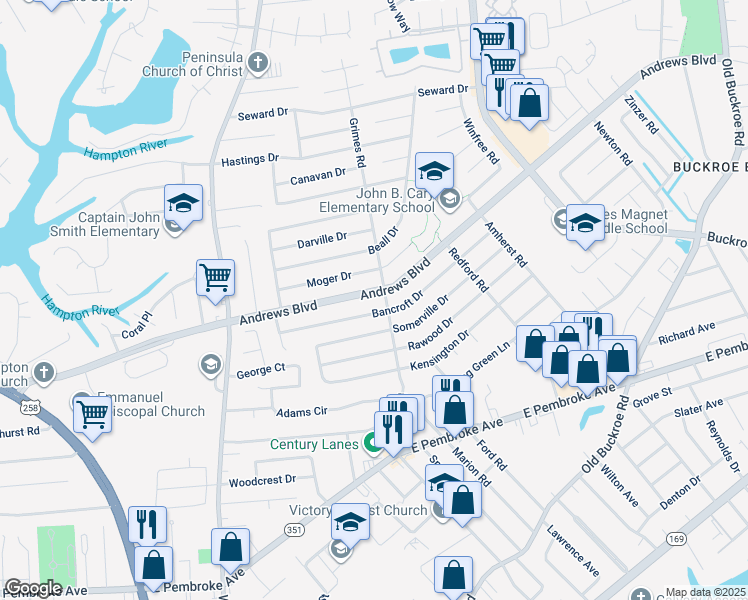 map of restaurants, bars, coffee shops, grocery stores, and more near 1836 Bancroft Drive in Hampton