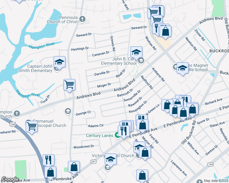 map of restaurants, bars, coffee shops, grocery stores, and more near 1836 Bancroft Drive in Hampton
