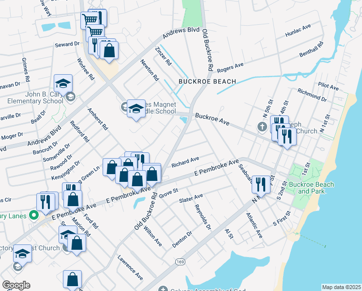 map of restaurants, bars, coffee shops, grocery stores, and more near 725 Burgess Avenue in Hampton