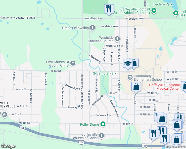 map of restaurants, bars, coffee shops, grocery stores, and more near 201 Highland Road in Coffeyville