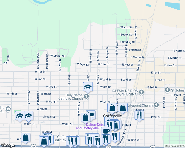 map of restaurants, bars, coffee shops, grocery stores, and more near 151-199 South Willow Street in Coffeyville
