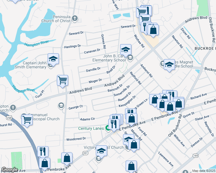 map of restaurants, bars, coffee shops, grocery stores, and more near 1836 Bancroft Drive in Hampton