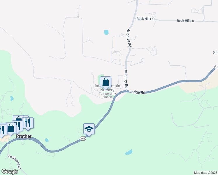 map of restaurants, bars, coffee shops, grocery stores, and more near 30443 Auberry Road in Prather