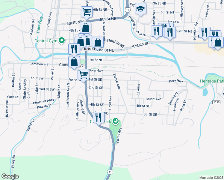 map of restaurants, bars, coffee shops, grocery stores, and more near 211 Floyd Avenue in Pulaski