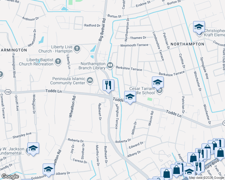 map of restaurants, bars, coffee shops, grocery stores, and more near 904 Big Bethel Rd in Hampton