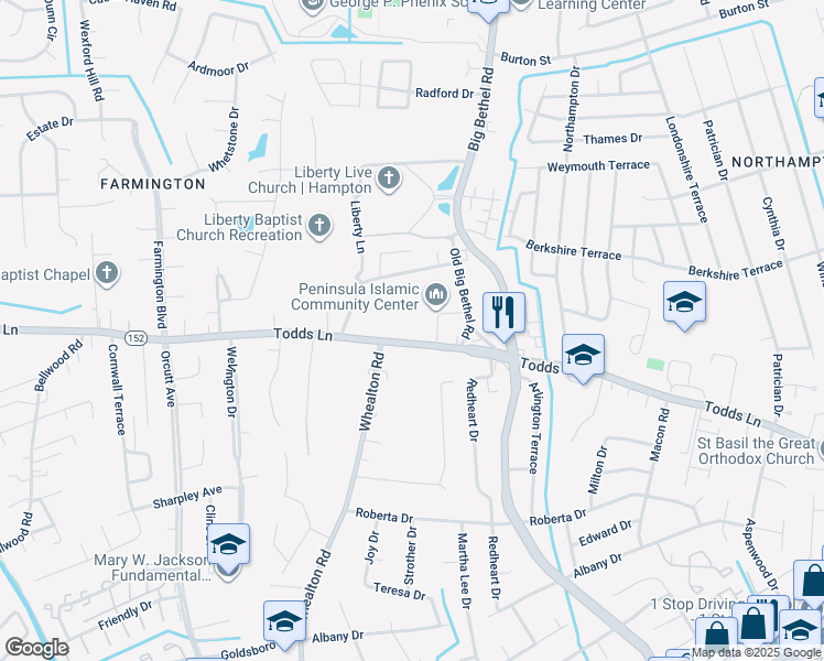 map of restaurants, bars, coffee shops, grocery stores, and more near 1209 Todds Lane in Hampton