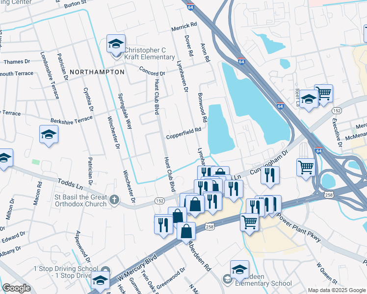 map of restaurants, bars, coffee shops, grocery stores, and more near 20 Hunt Club Boulevard in Hampton