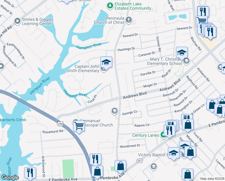 map of restaurants, bars, coffee shops, grocery stores, and more near 1378 Coral Place in Hampton