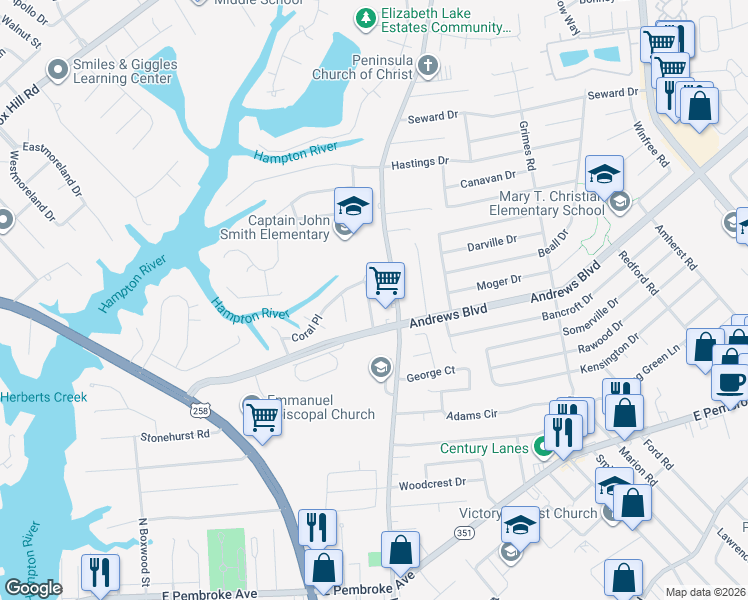 map of restaurants, bars, coffee shops, grocery stores, and more near 1378 Coral Place in Hampton
