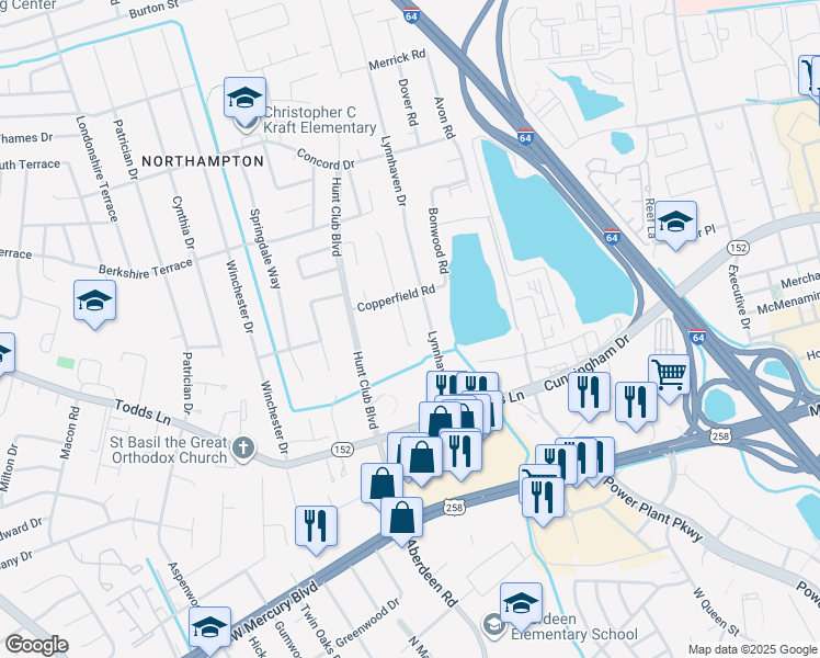 map of restaurants, bars, coffee shops, grocery stores, and more near 2 Keeton Court in Hampton